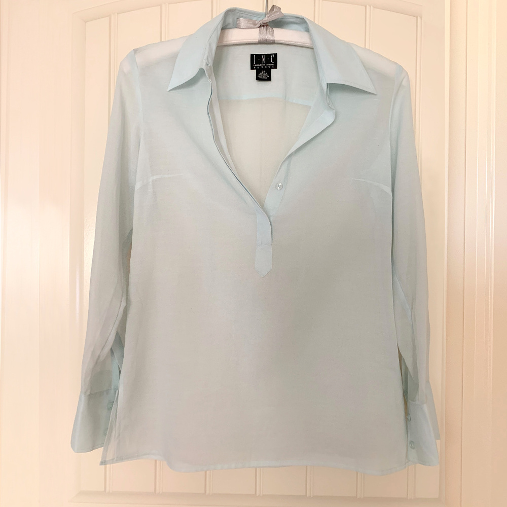 INC Sheer Summery Blue Blouse Silk/Cotton  Size P2